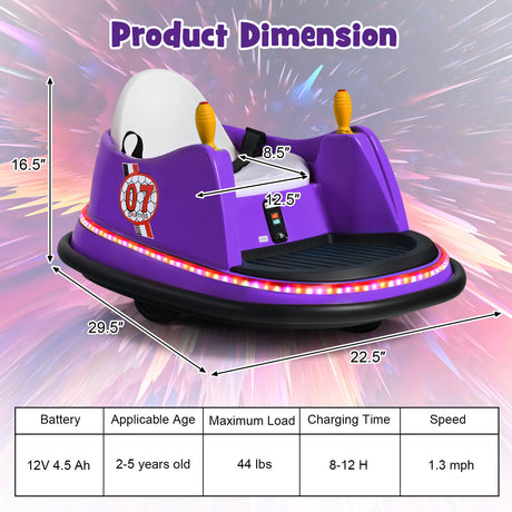 360° Spin Race Bumper Car for Kids with Remote Control - Purple 12V Vehicle