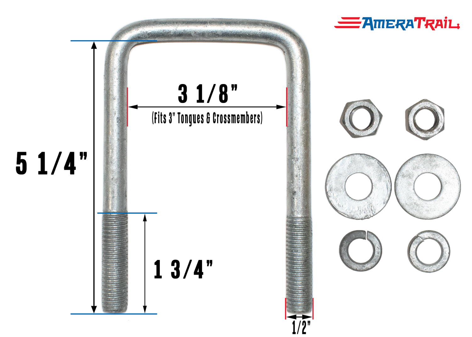 Galvanized U Bolt 3 1/8" x 5 1/4" x 1/2" w/ 2 Flat Washers, 2 Lock Washers, & 2 Nuts