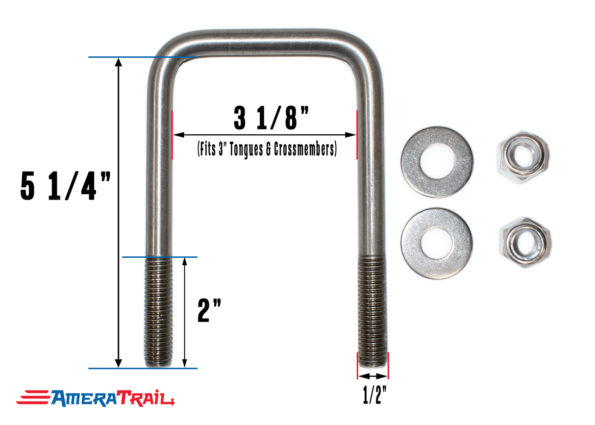 Stainless Steel U Bolt 3 1/8" x 5 1/4" x 1/2" w/ 2 Washers and Lock Nuts - Pre-Anti Seized
