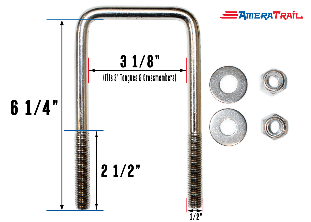 Stainless Steel U Bolt 3 1/8" x 6 1/4" x 1/2" w/ 2 Washers and Lock Nuts - Pre-Anti Seized