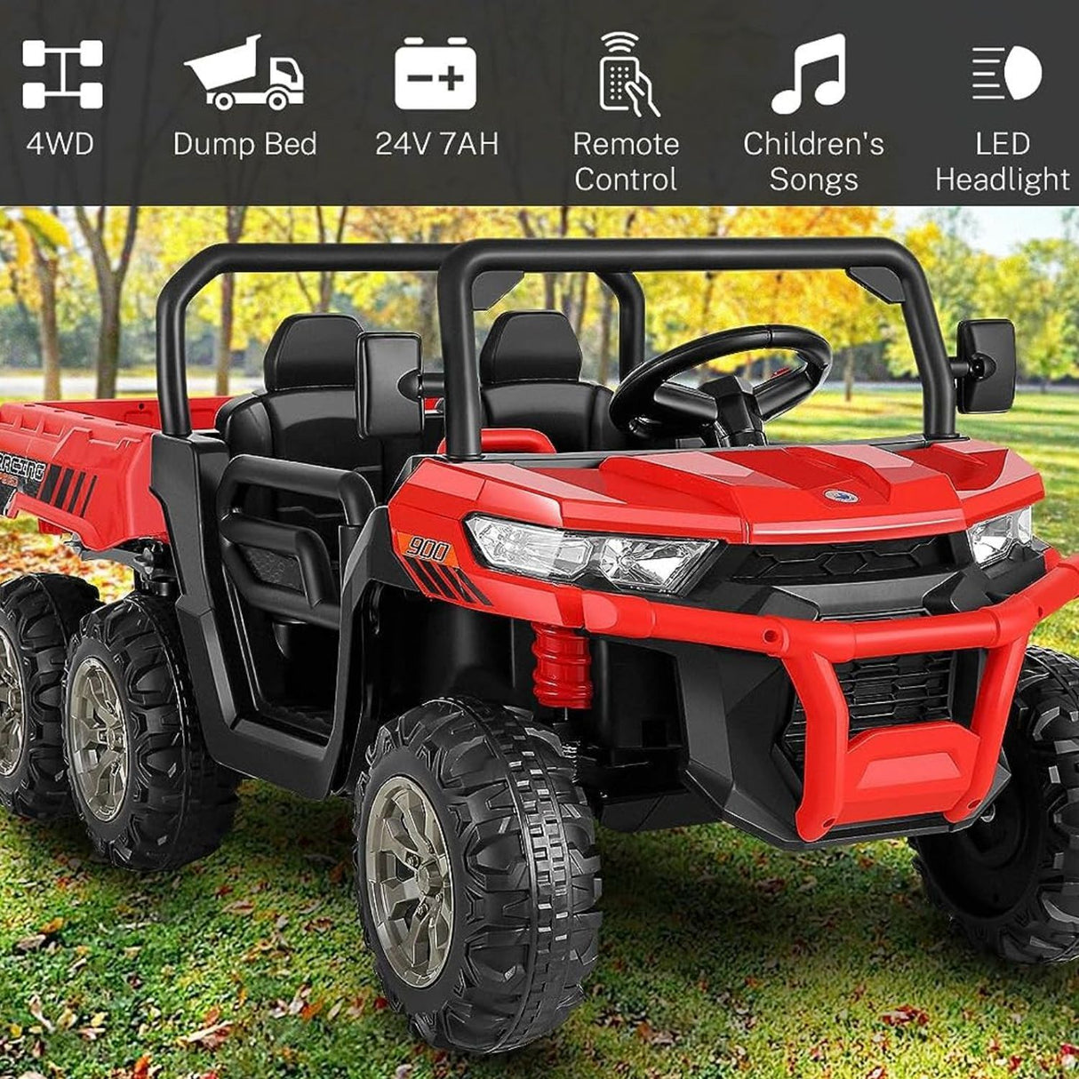 6x6 Ride On UTV Truck with Dump Bed, 6 Suspension, and 4WD - Perfect for Kids with LED Lights and Remote Control