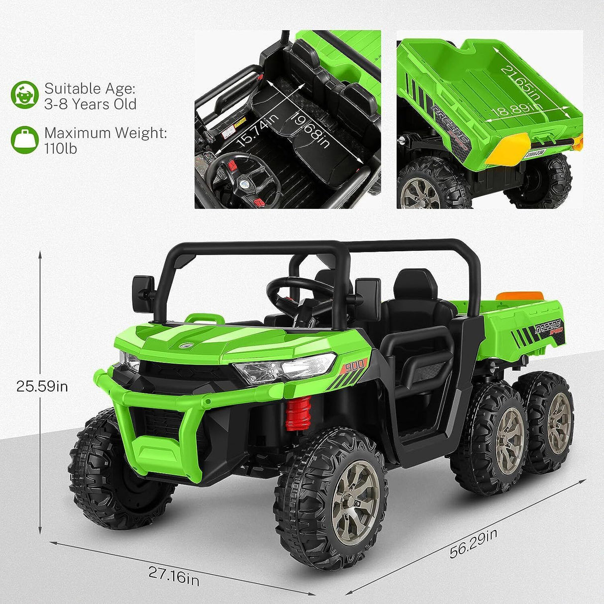 6x6 Ride On UTV Truck with Dump Bed, 6 Suspension, and 4WD - Perfect for Kids with LED Lights and Remote Control