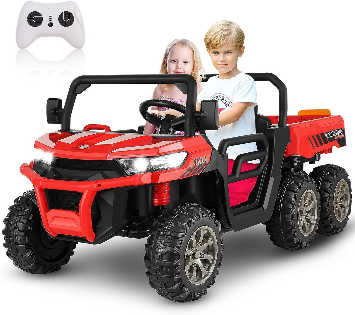 6x6 Ride On UTV Truck with Dump Bed, 6 Suspension, and 4WD - Perfect for Kids with LED Lights and Remote Control