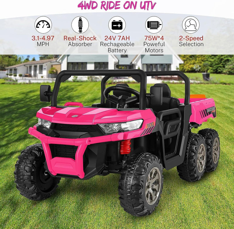 2-Seater 300W 4WD 6x6 Ride On UTV Truck with Dump Bed and LED Lights + Remote Control for Kids (24V)