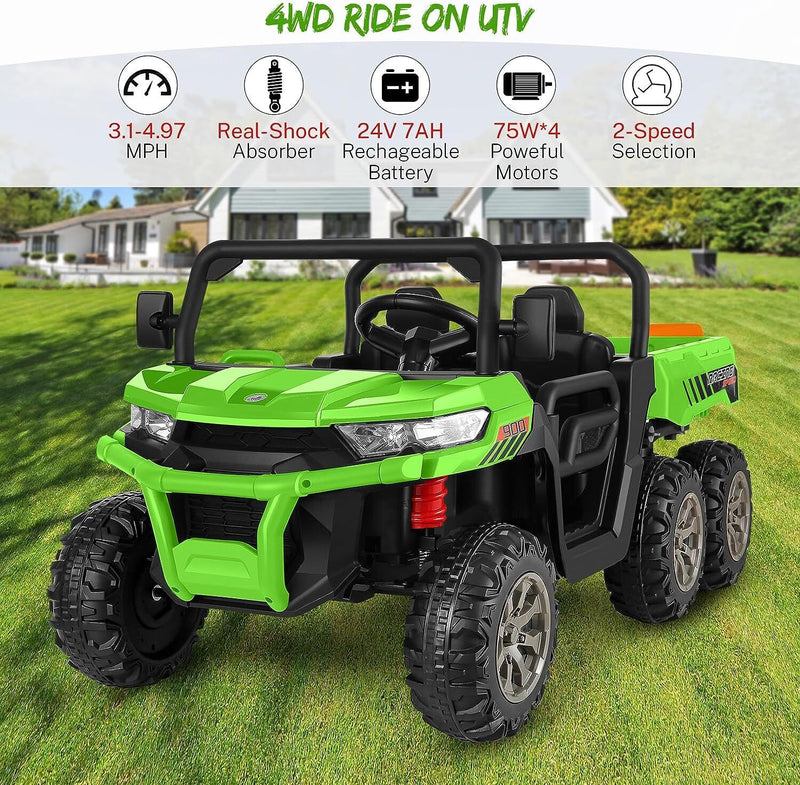 2-Seater 300W 4WD 6x6 Ride On UTV Truck with Dump Bed and LED Lights + Remote Control for Kids (24V)