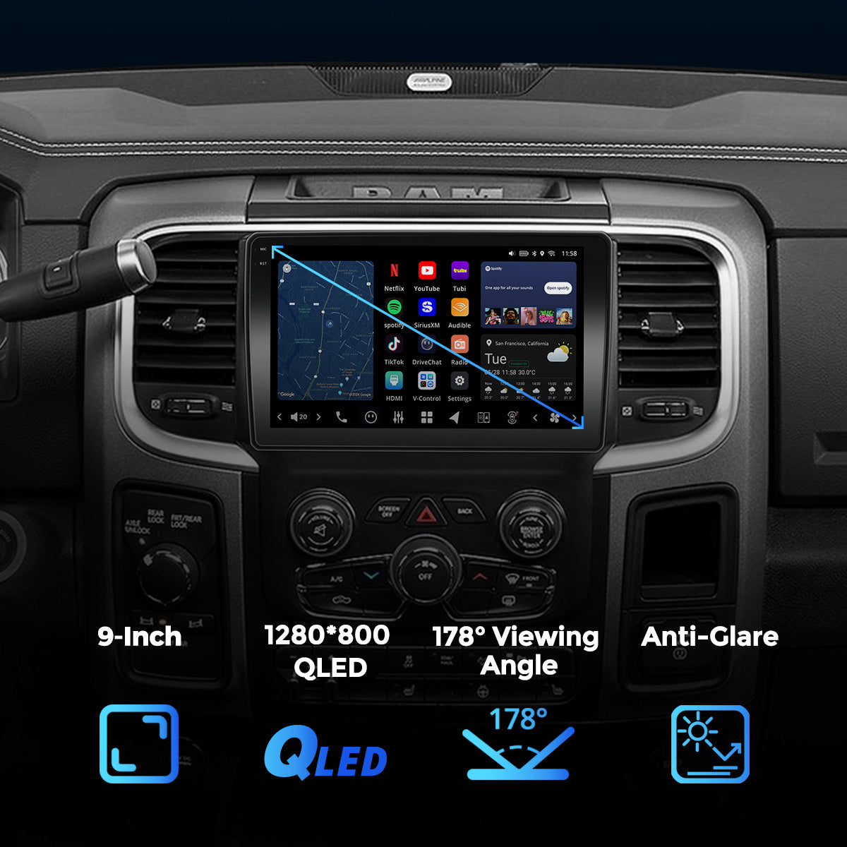 VISION 9” Custom-Fit Car Stereo for Dodge Ram Auto AC 2013-2018
