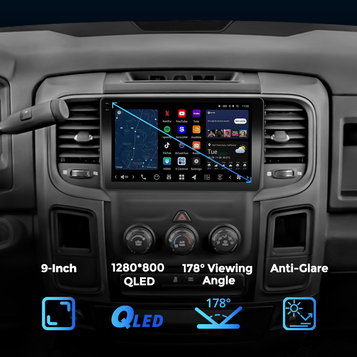 VISION 9” Custom-Fit Car Stereo for Dodge Ram Manual AC 2013-2018