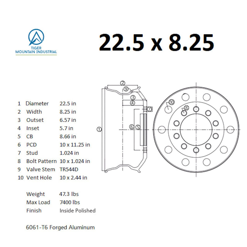 22.5x8.25 Truck Wheels 8pcs Forged Aluminum Rims $238 each BULK PRICE Both-Side Polished Mirror Hub-Piloted