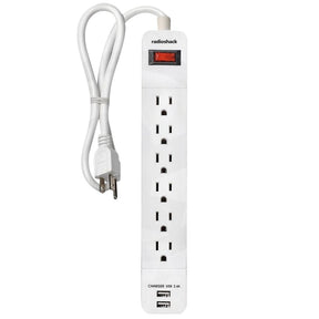 RadioShack 6-Outlet Power Strip 6100848 with 2 USB Ports White 3' Cord TekShack