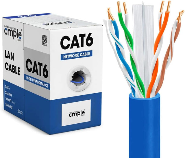 Cat6 Bulk Ethernet Cable 1000ft – 23AWG UTP CMR Riser, 10Gbps 550MHz, Blue Pull Box TekShack