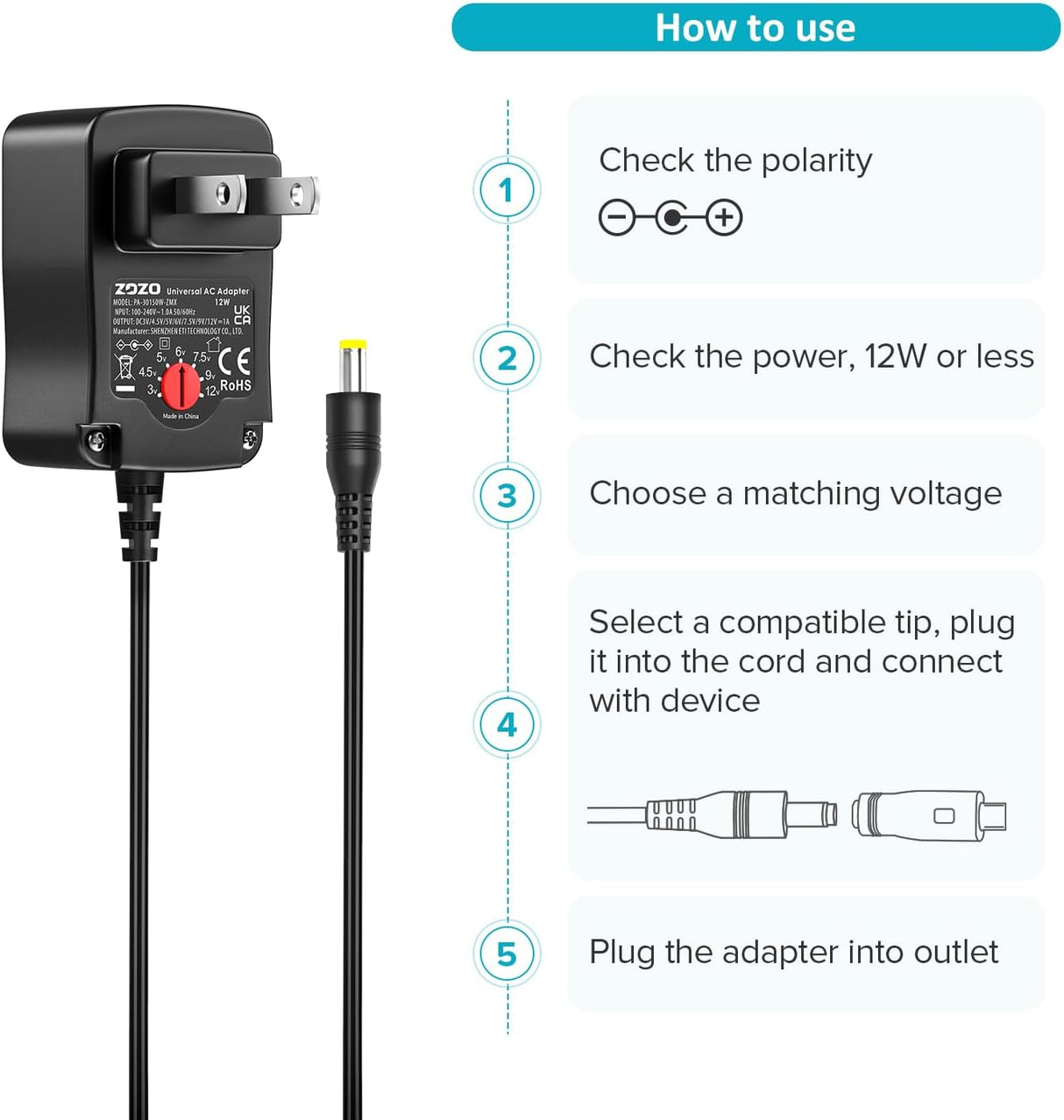 ZOZO Universal AC/DC Adapter 3V-12V 12Watt TekShack