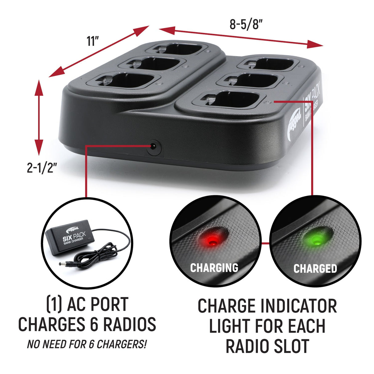 6 Pack - Rugged GMR2 PLUS - GMRS and FRS Two Way Handheld Radios with Bank Charger