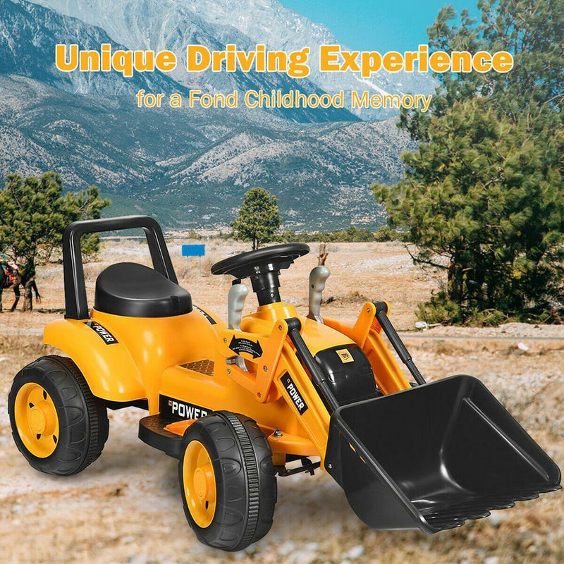 6V Battery Powered Kids Excavator Digger with Digging Bucket - Yellow Tractor Toy