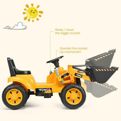 6V Battery Powered Kids Excavator Digger with Digging Bucket - Yellow Tractor Toy