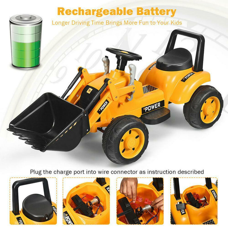 6V Battery Powered Kids Excavator Digger with Digging Bucket - Yellow Tractor Toy