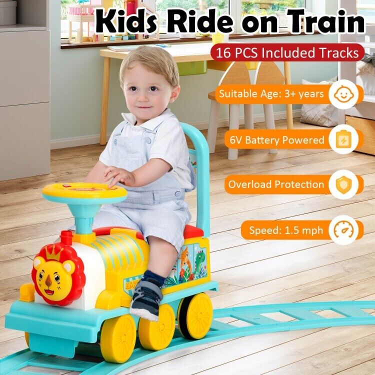 6V Blue Electric Kids Ride On Train with Track and 6 Wheels