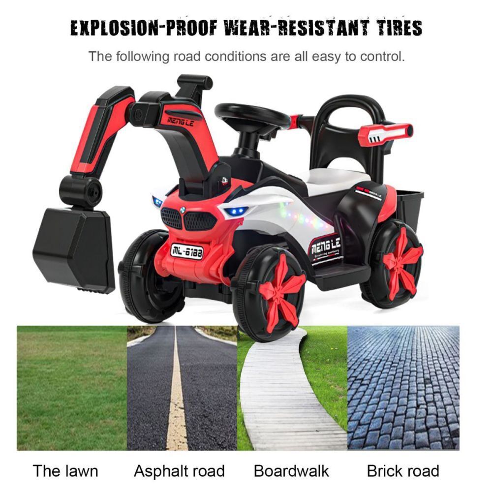 6v Electric Excavator Toy Car with Bluetooth, Helmet, and Rear Attachment for Kids