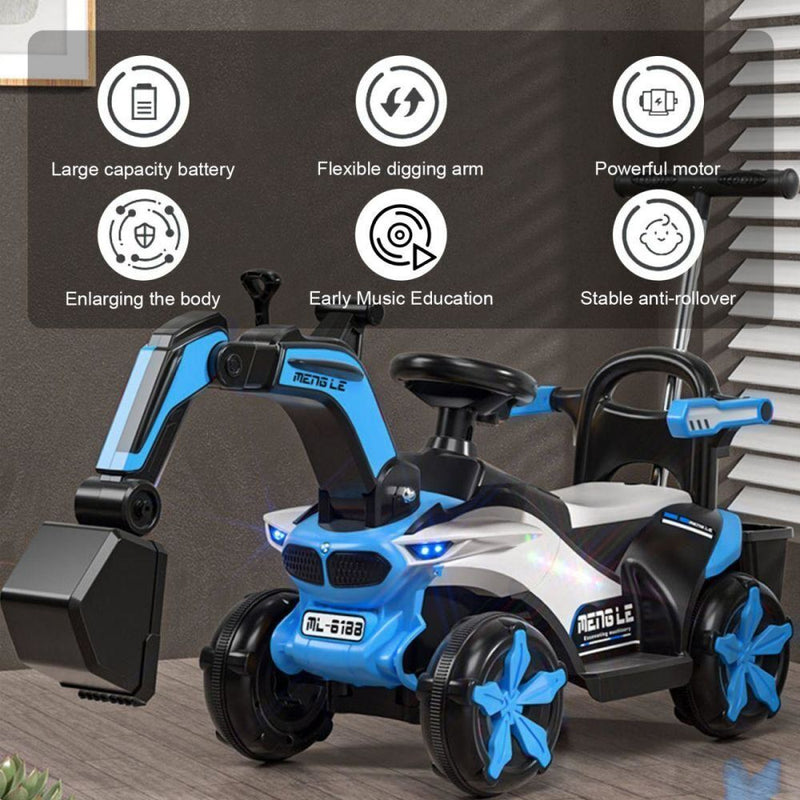 6v Electric Excavator Toy Car with Bluetooth, Helmet, and Rear Features for Kids
