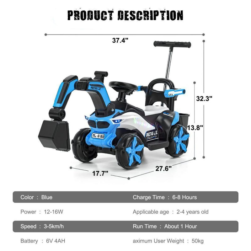 6v Electric Excavator Toy Car with Bluetooth, Helmet, and Rear Features for Kids