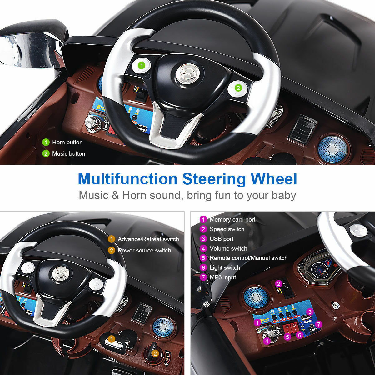 6V Kids Ride On Car with RC Remote Control, LED Lights, and MP3 Player - White