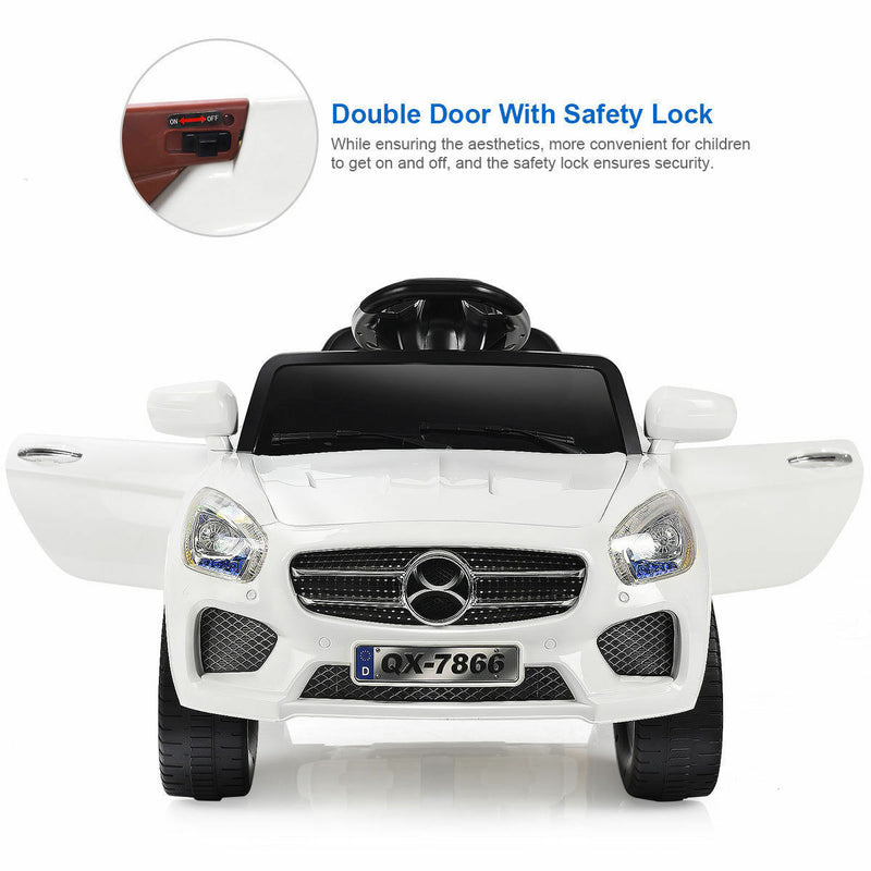 6V Kids Ride On Car with RC Remote Control, LED Lights, and MP3 Player - White