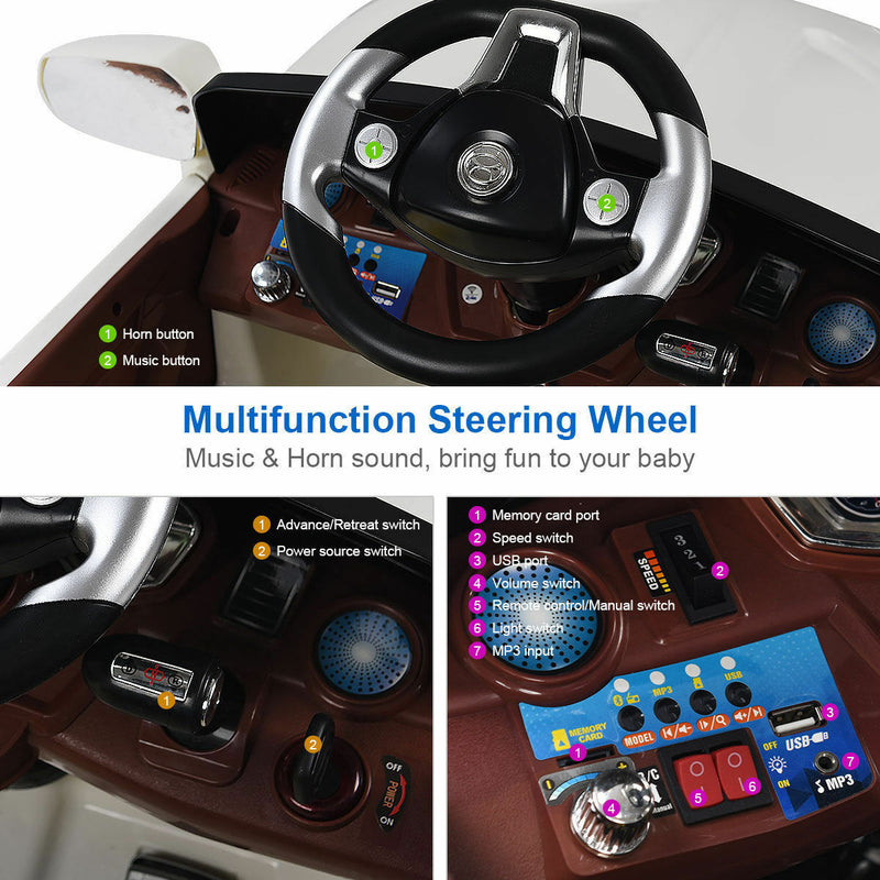 6V Kids Ride On Car with RC Remote Control, LED Lights, and MP3 Player - White