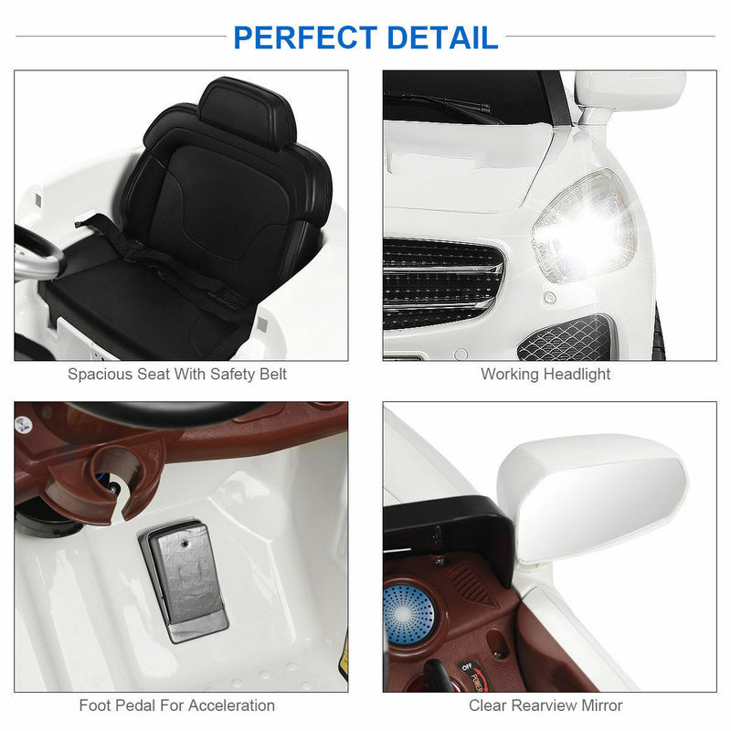 6V Kids Ride On Car with RC Remote Control, LED Lights, and MP3 Player - White