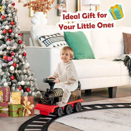 6V Ride On Train Electric Toy Car with Track, Lights, Music, and Storage for Toddlers - Black