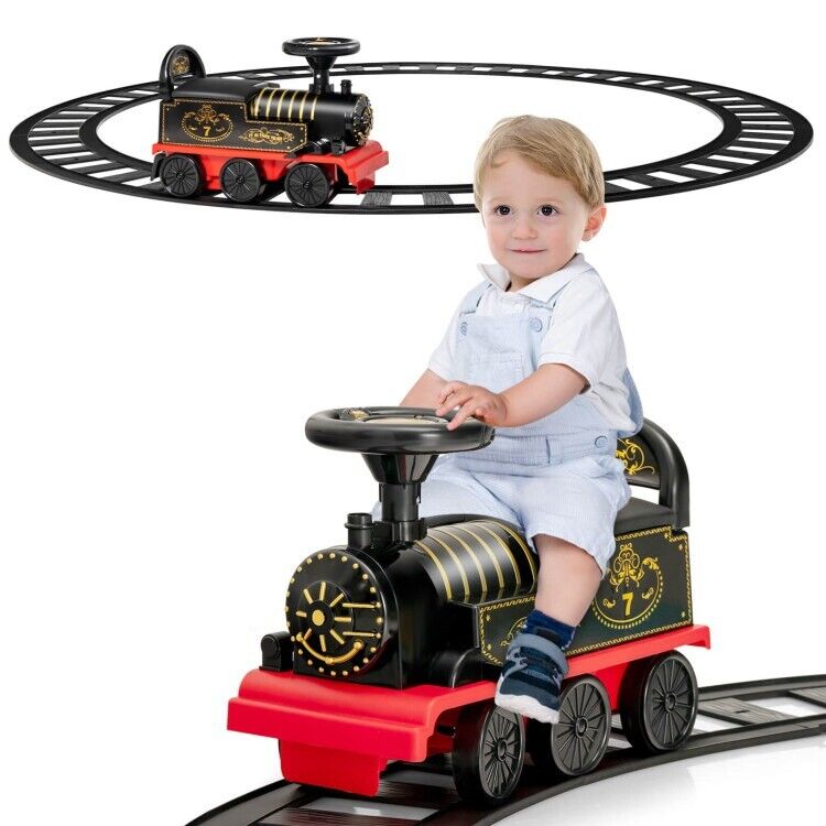 6V Ride On Train Electric Toy Car with Track, Lights, Music, and Storage for Toddlers - Black