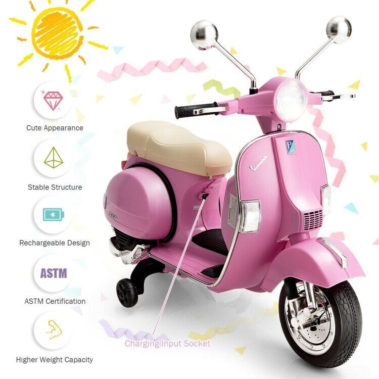 6V Vespa Scooter Motorcycle for Kids with Training Wheels and Headlight