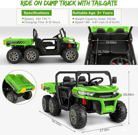 6x6 Ride On UTV Truck for Kids Ages 3-8 - Electric 2 Seater Vehicle for Boys and Girls