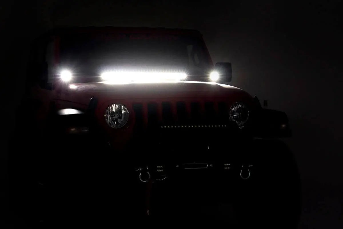 LED Light Kit Hood Mount 30 Inch Black Single Row Jeep Gladiator JT/Wrangler JL (18-26) Rough Country