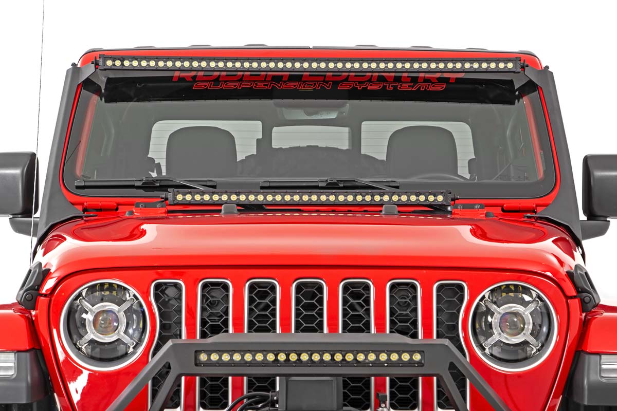 LED Light Kit Windshield 50 Inch Black Dual Row WHT DRL Jeep Gladiator JT/Wrangler JL (18-26) Rough Country