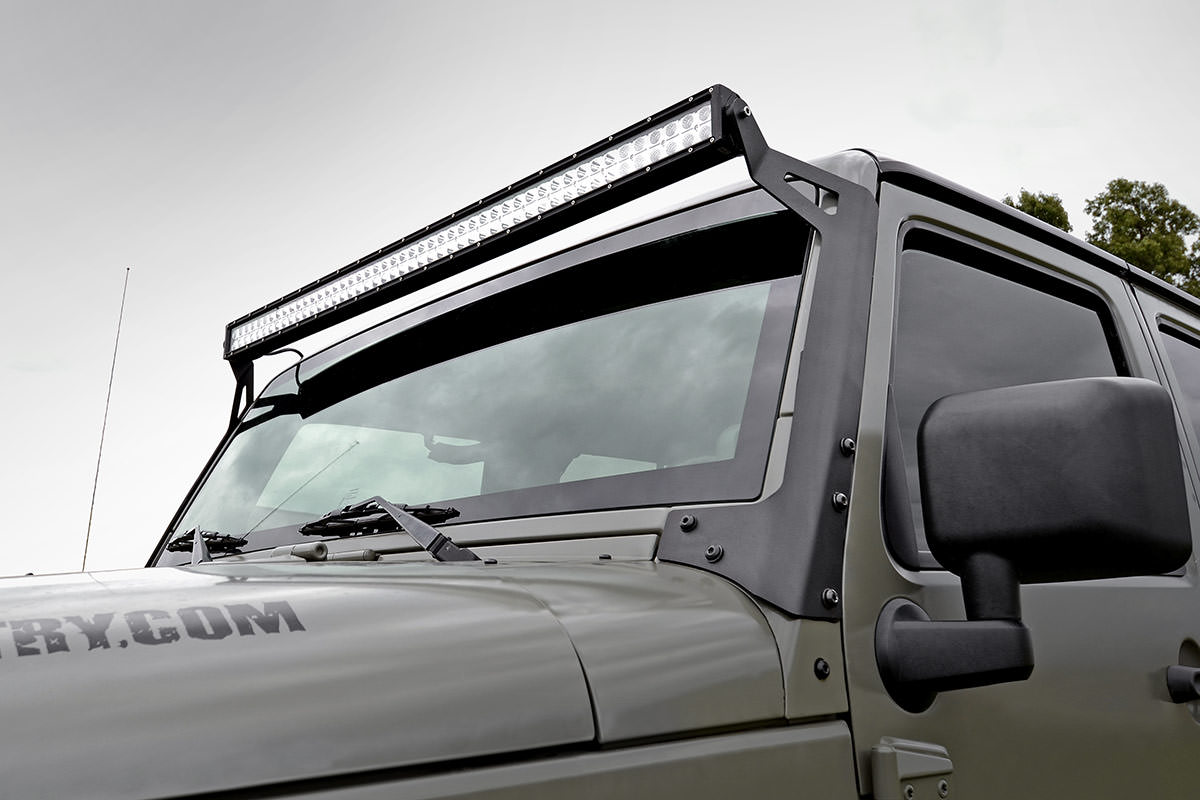 LED Light Kit Windshield Mount 50 Inch Black Dual Row Jeep Wrangler JK (07-18) Rough Country