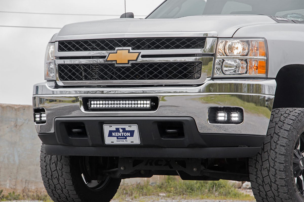 LED Light Kit Fog Mount 2 Inch Black Pair White DRL Chevy Silverado 2500 HD/3500 HD (11-14) Rough Country