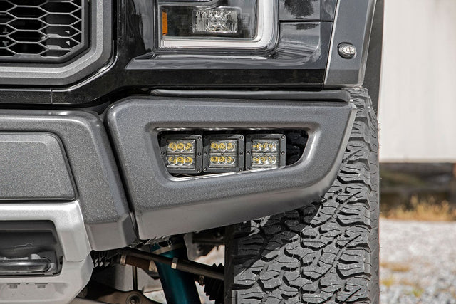 LED Light Kit Fog Mount Triple 2 Inch Black Pair Amber DRL Ford Raptor (17-20) Rough Country