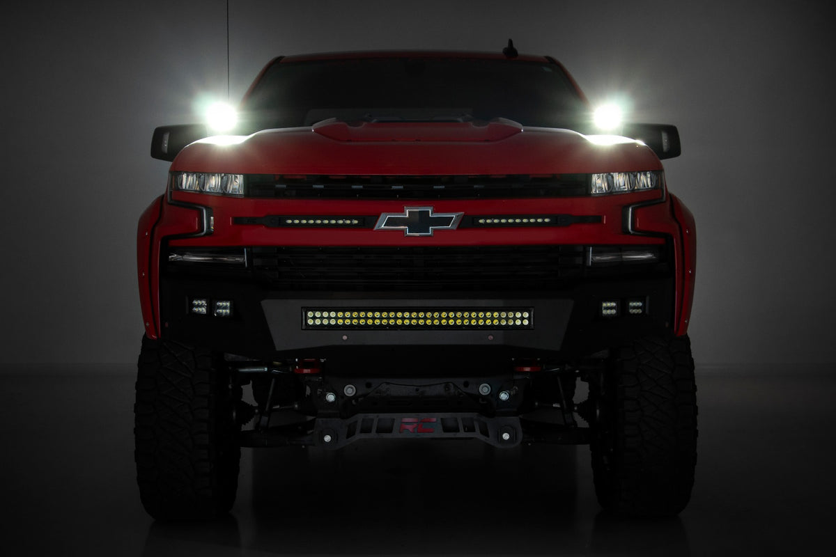 LED Light Kit Ditch Mount 2 Inch Black Pair White DRL Chevy Silverado 1500 (19-26) Rough Country