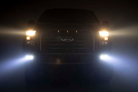 LED Light Kit Fog Mount Dual 2 Inch Black Pairs Spot/Flood Ford F-150 (15-17) Rough Country