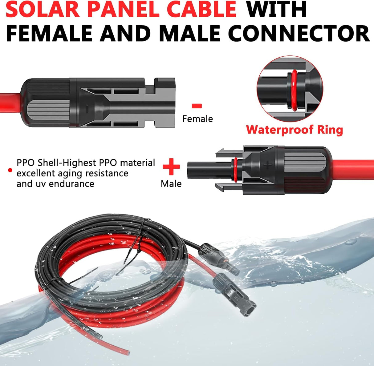 2x20FT Solar Panel Extension Cable 10AWG – Male/Female Waterproof Connectors – Red & Black Solar Cable for RV, PV Systems TekShack