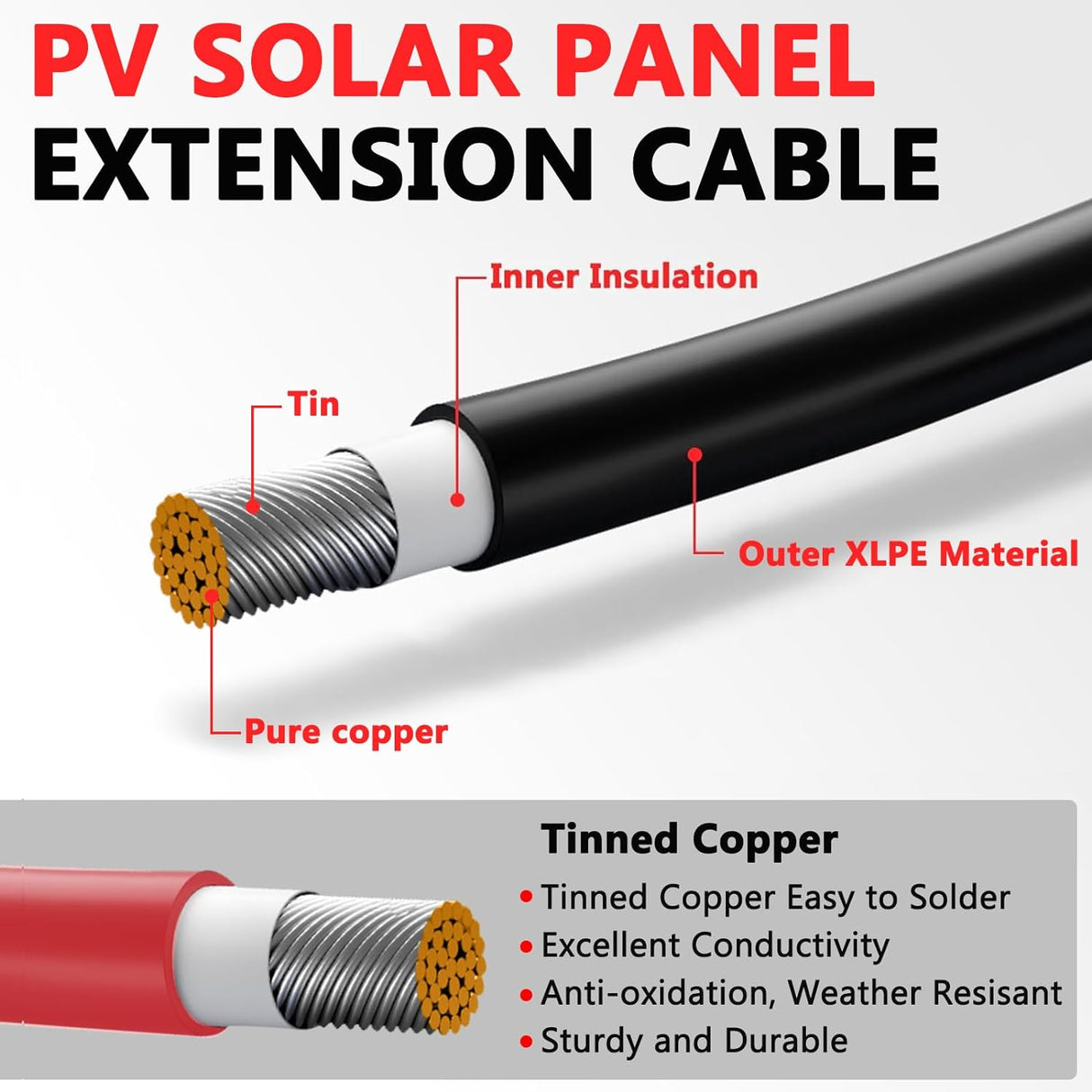 2x20FT Solar Panel Extension Cable 10AWG – Male/Female Waterproof Connectors – Red & Black Solar Cable for RV, PV Systems TekShack