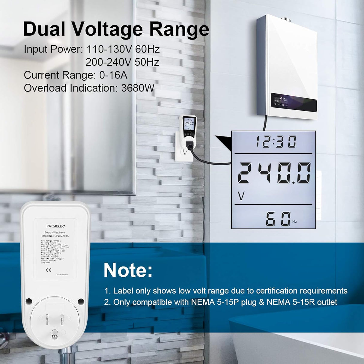 Plug-in Watt Meter Power Usage Monitor with Cost Calculator TekShack