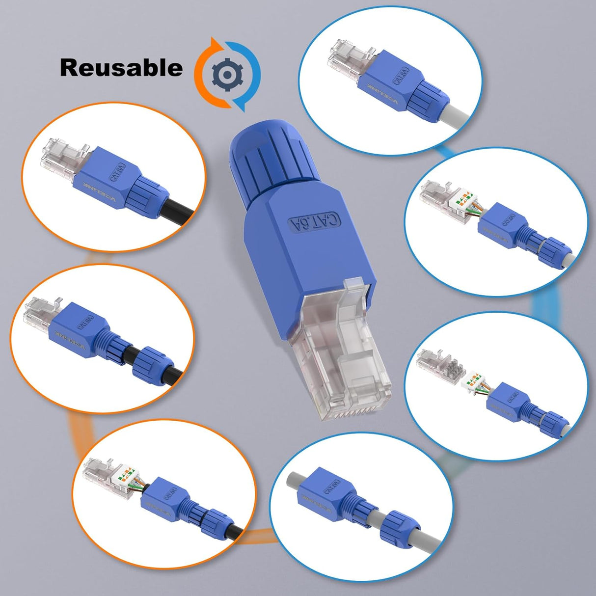 RJ45 CAT6A Tool-Free Plug – 6 Pack, Gold-Plated UTP for 23–26AWG VCELINK