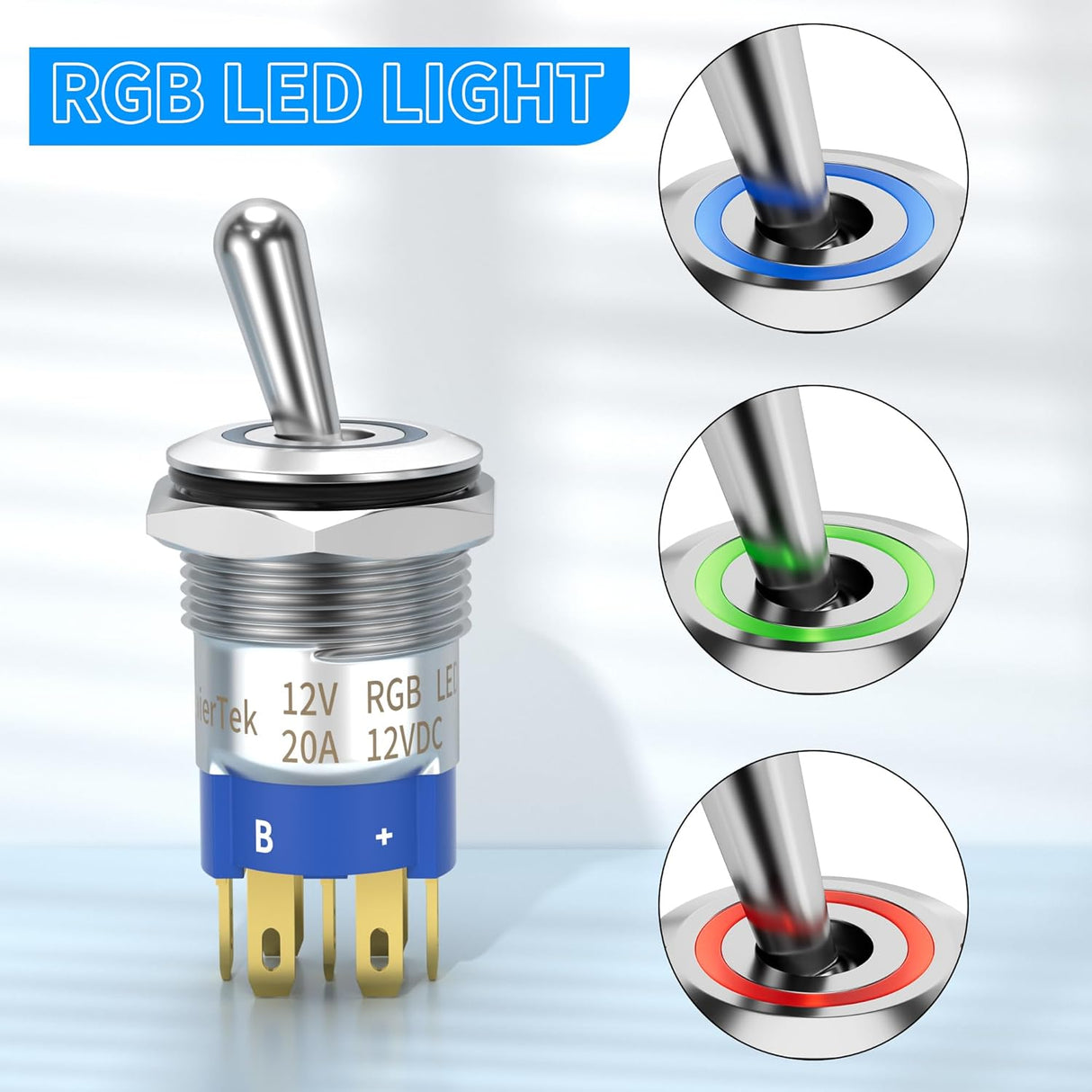 12V Waterproof Toggle Switch IP67 12 Volt LED RGB(RED Green Blue) 16mm Pre-Wired for Car Boat Marine