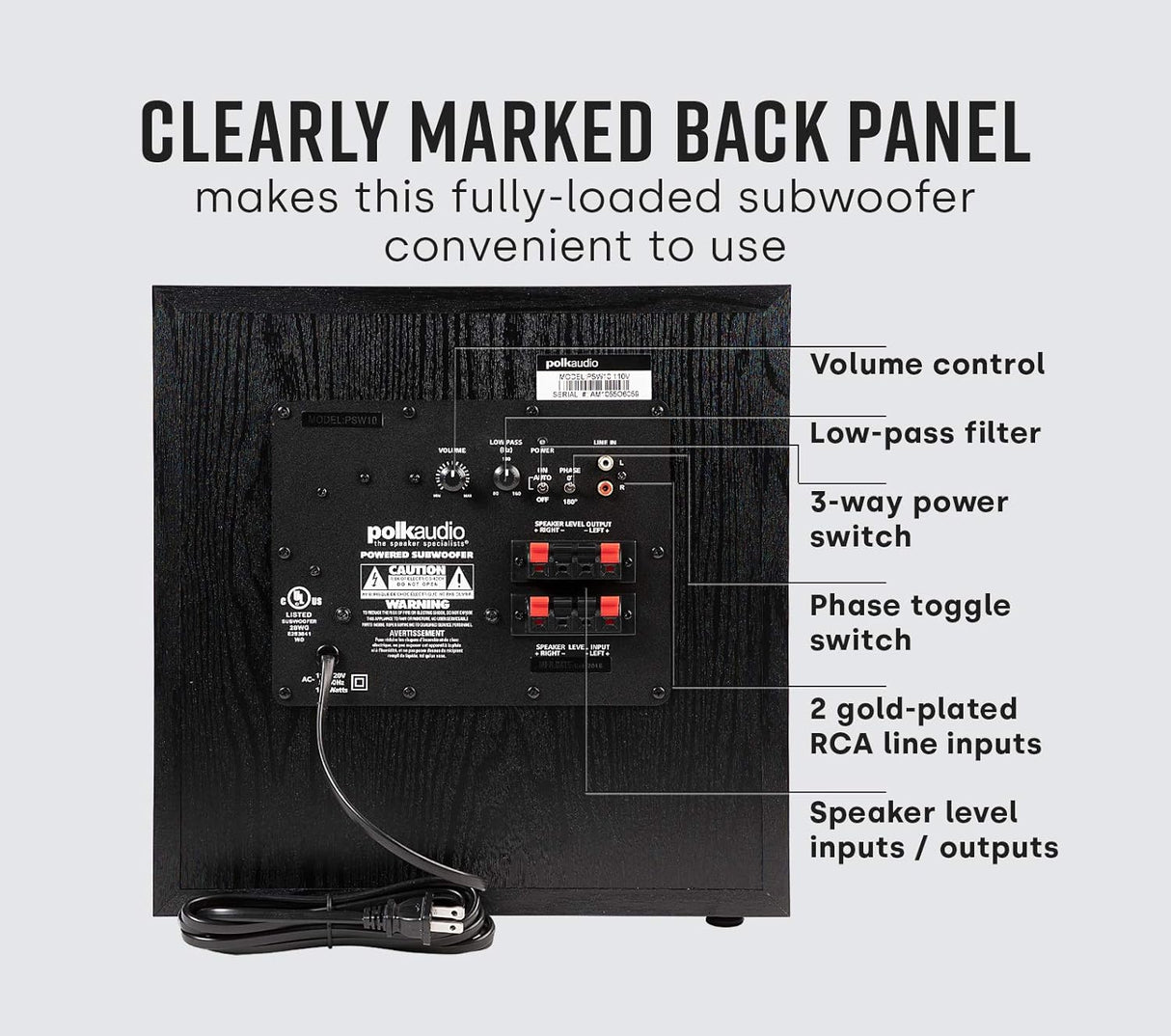 Polk Audio PSW10 10-Inch Powered Subwoofer with Power Port Technology, 100W Max Power, Deep Bass Compact Home Theater Speaker,  Black TekShack