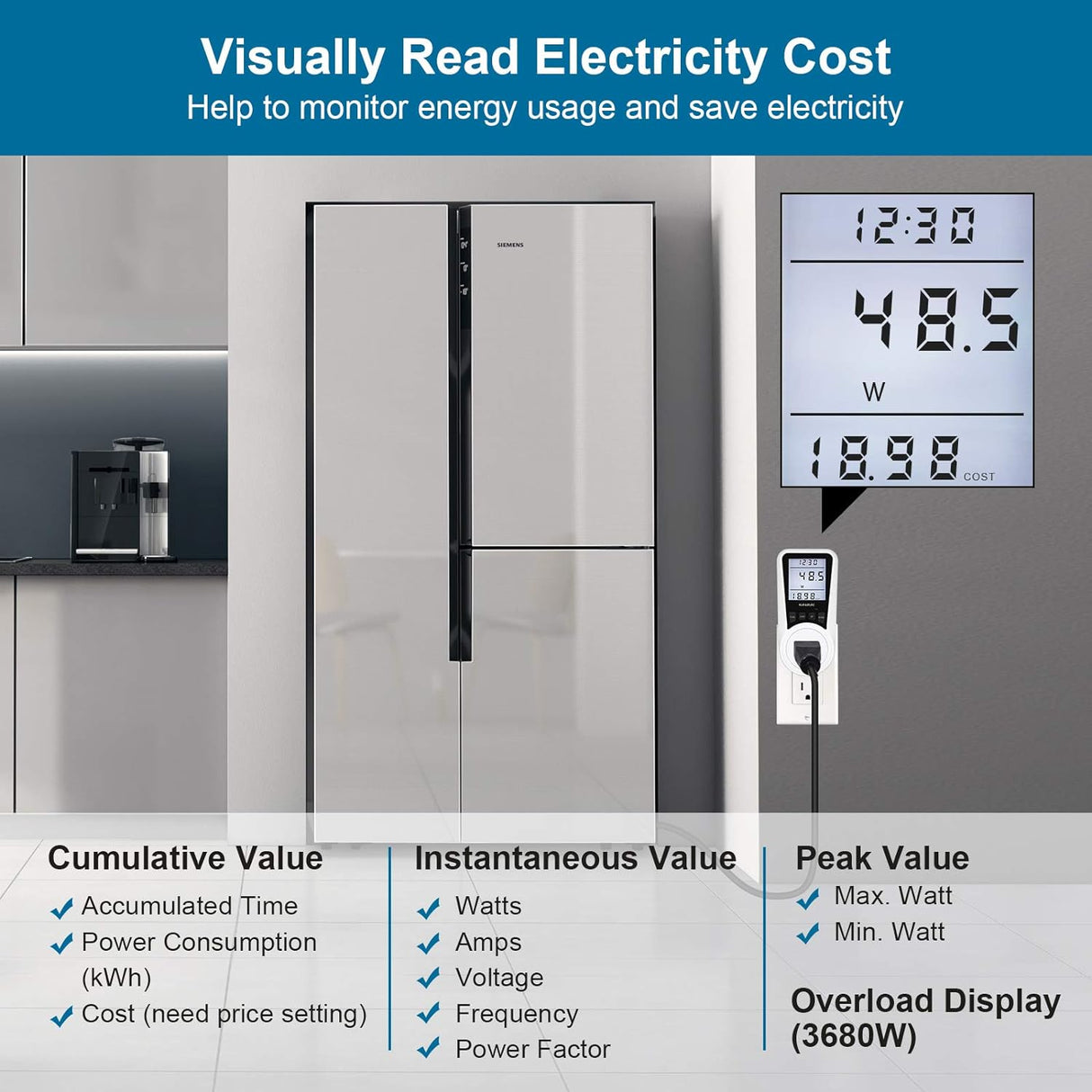 Plug-in Watt Meter Power Usage Monitor with Cost Calculator TekShack