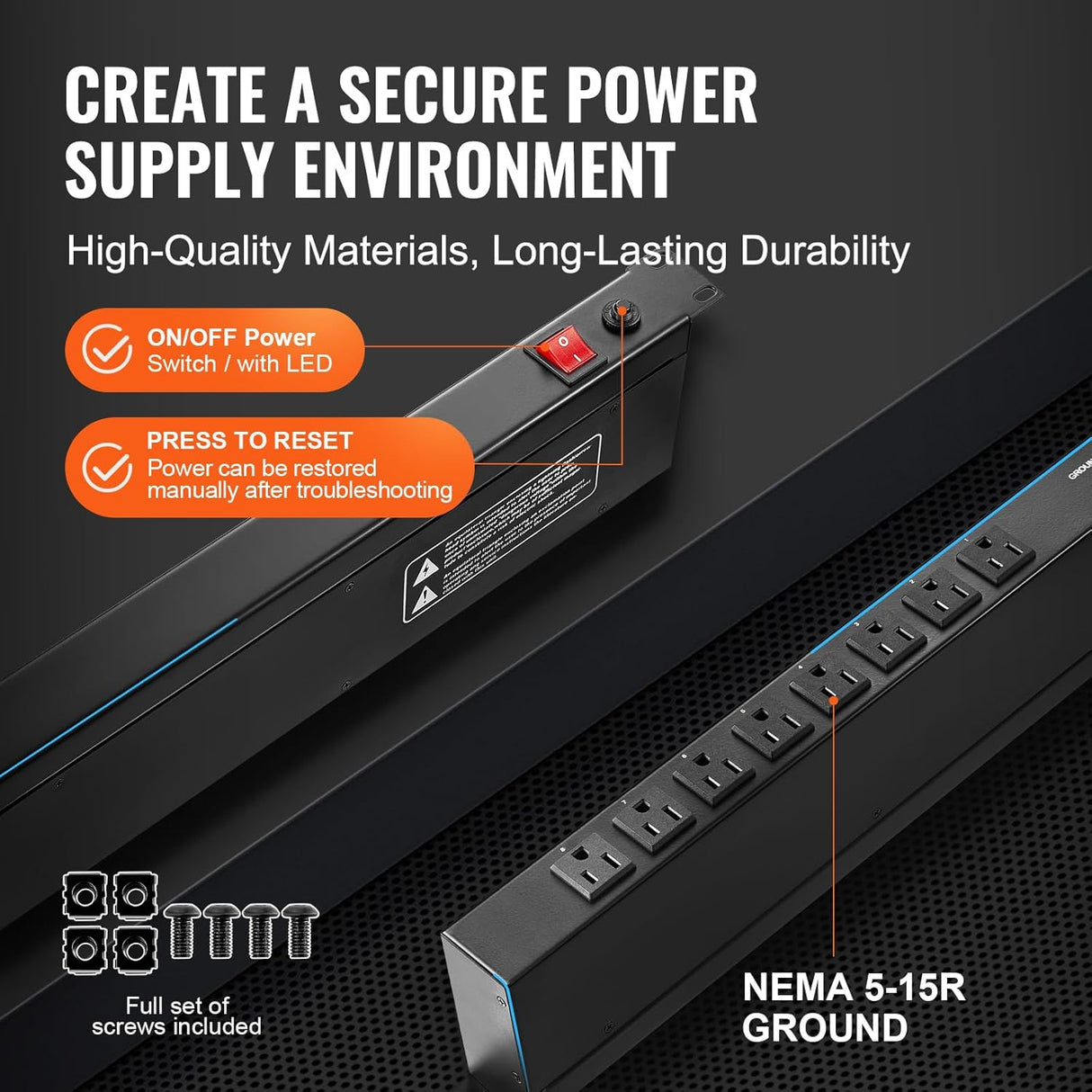 1U Rack PDU Power Strip – 8 Outlet, Surge Protected, 6ft Cord Vevor