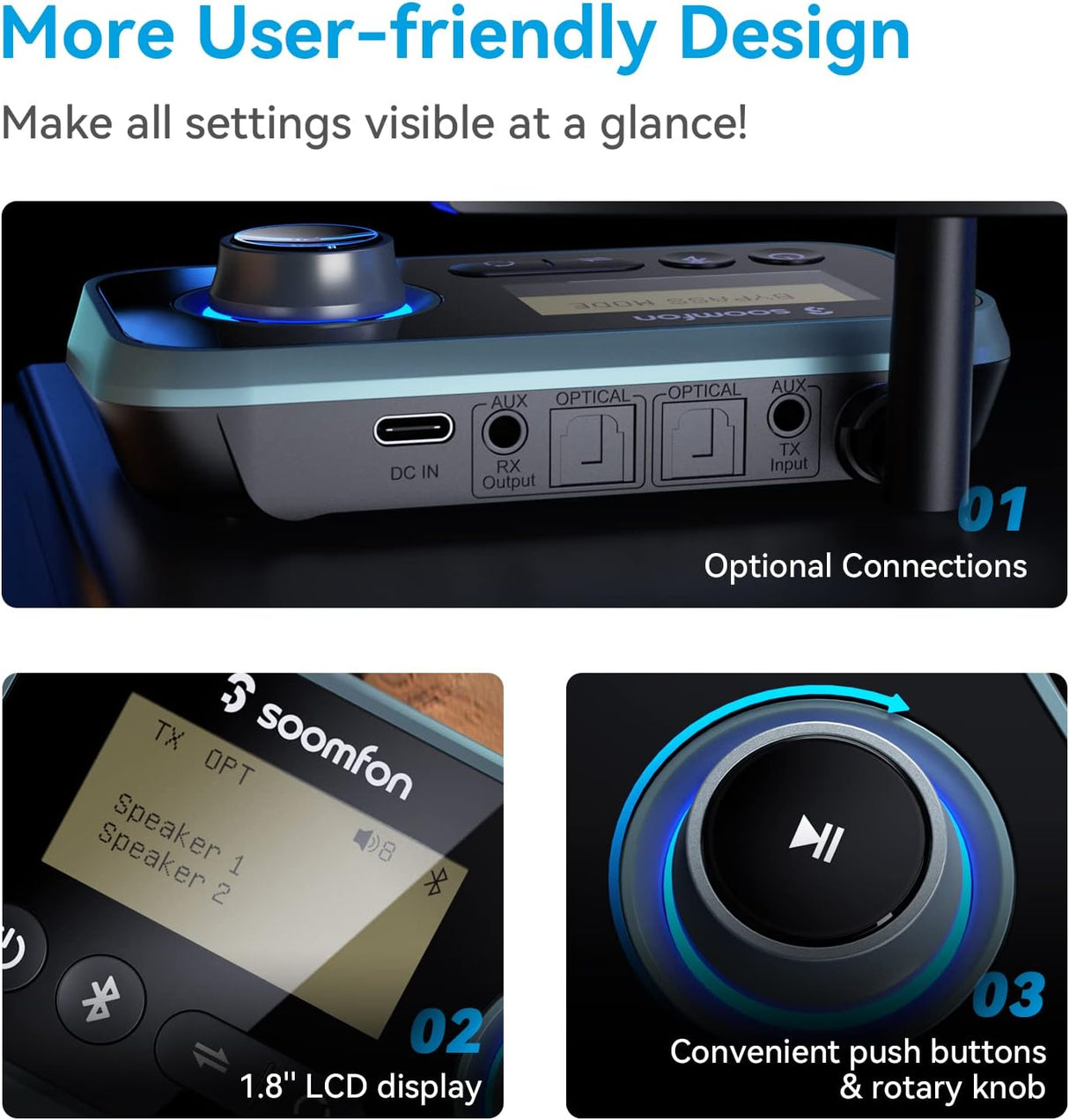Bluetooth Transmitter – Dual Headphones, RCA/AUX/Optical, LCD Soomfon
