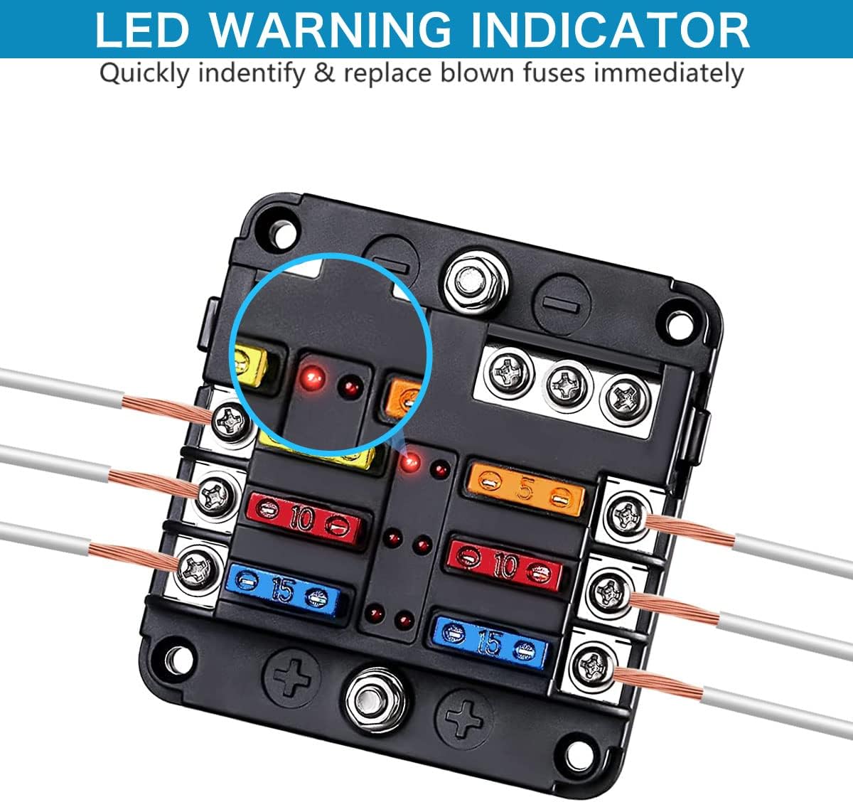 6 Way 12V Blade Fuse Block with LED Indicator & Cover TekShack