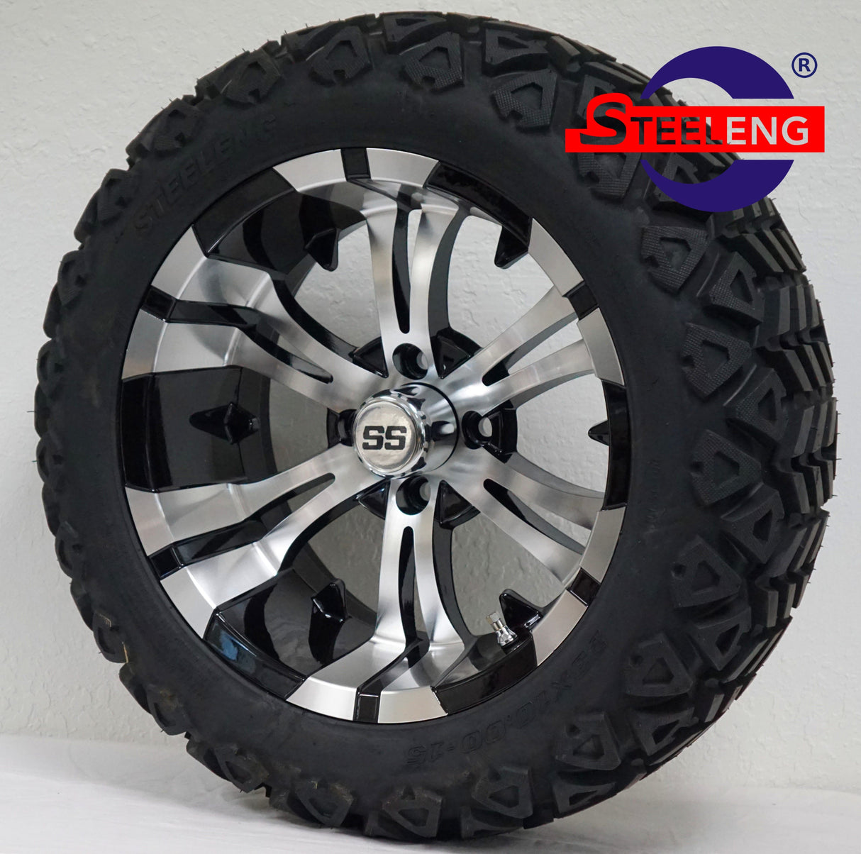 Steeleng Vampire 15x7 | -25 Offset Machined/Black Aluminum Wheels with 23x10-15 Dot All-Terrain Tires Combo (Set Of 4)