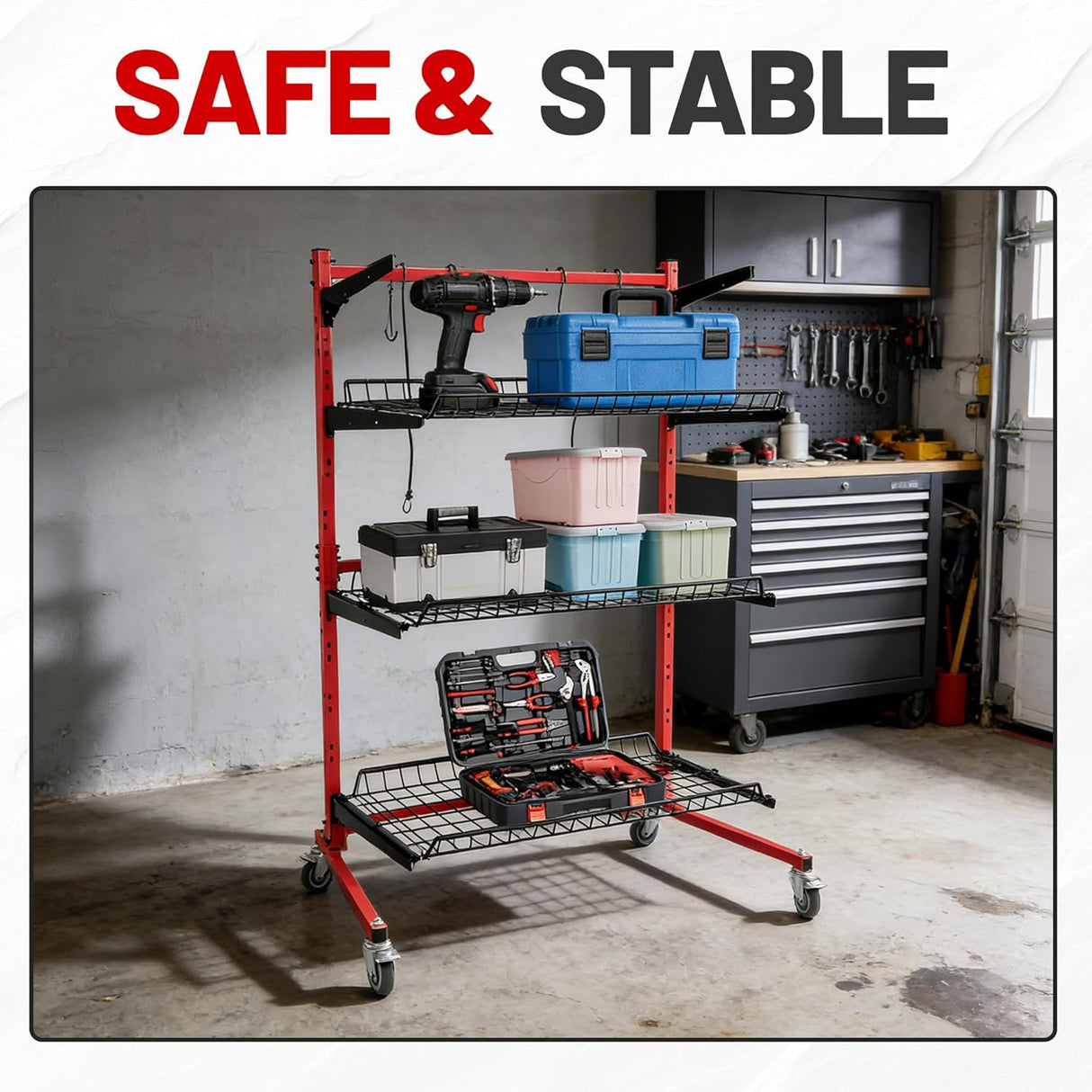 Rolling 3 Shelf Auto Body Parts Storage Rack Steel Red